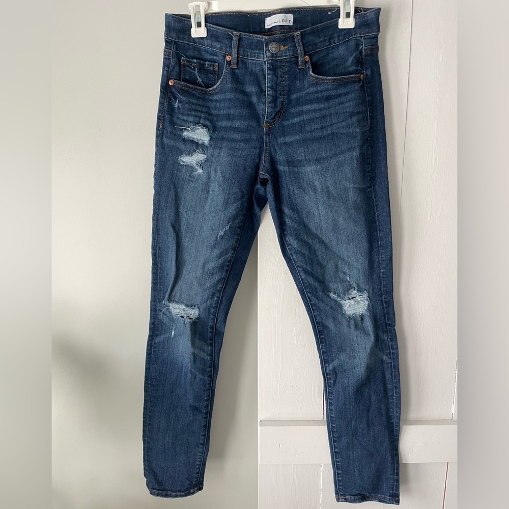 Dark wash, distressed, Loft Skinny Jeans